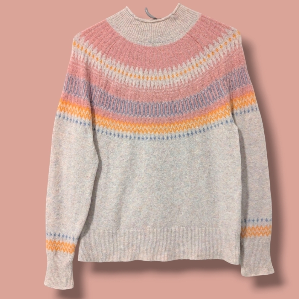 J. Crew Pink Orange Merino Wool Alpaca Supersoft Yarn Fair Isle Rollneck Sweater - Picture 2 of 9